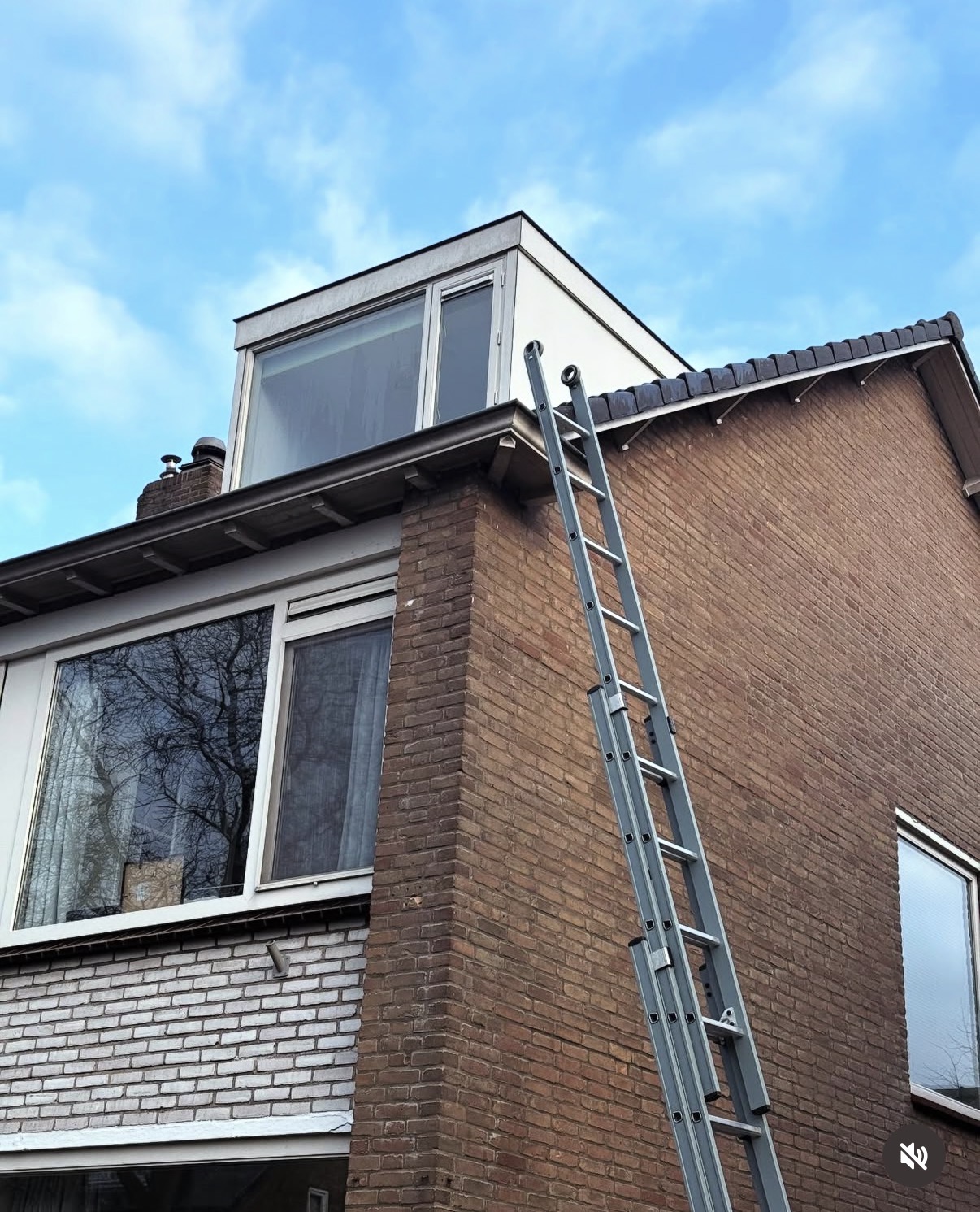 Schone dakkapel met ladder ertegenaan na reiniging