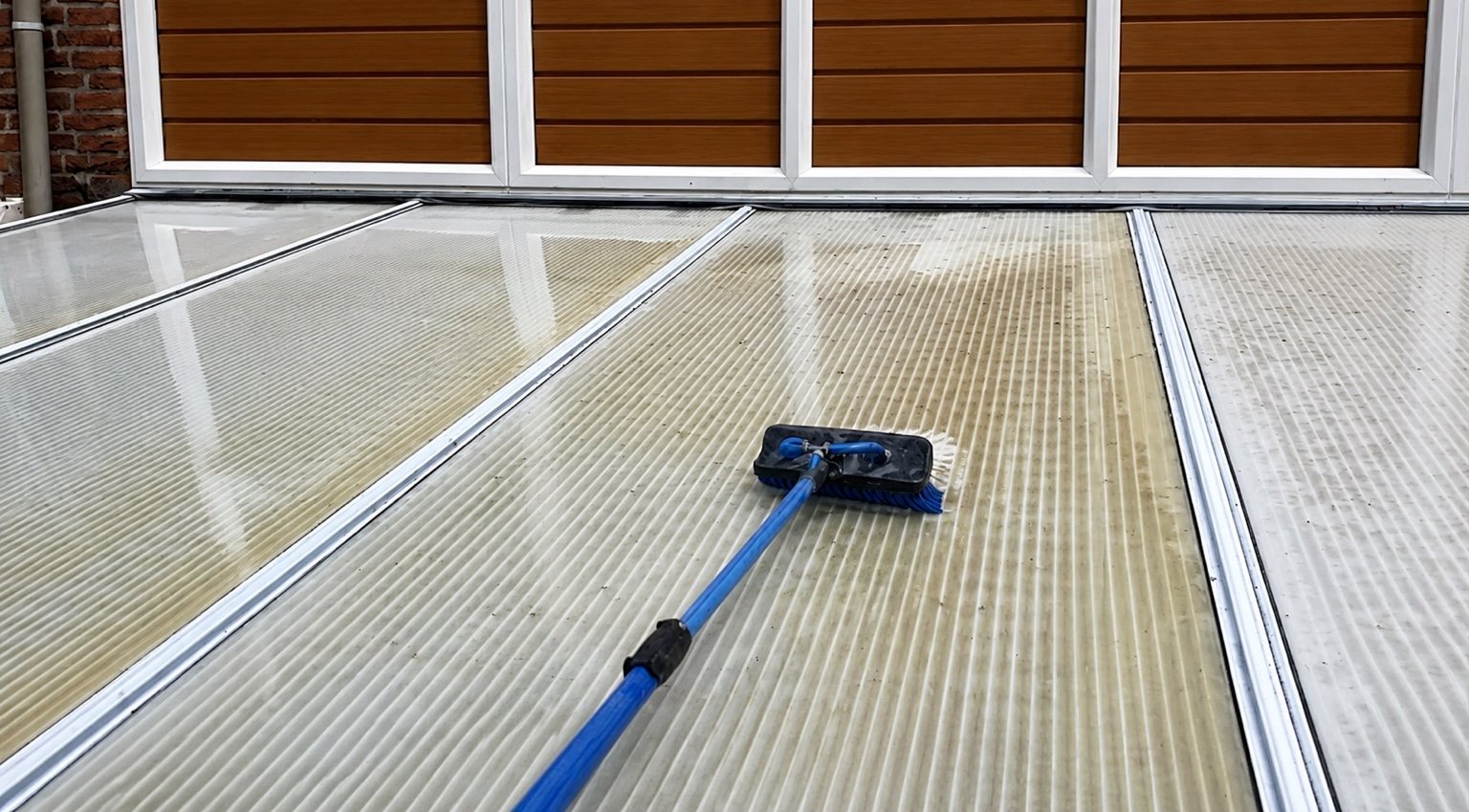 Reiniging van een vervuild serredak met professionele borstel